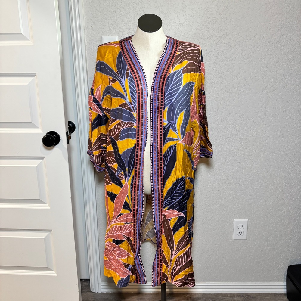 DR2 Womens L/XL Yellow Tropical Leaf Open Front Longline Kimono Cardigan Boho